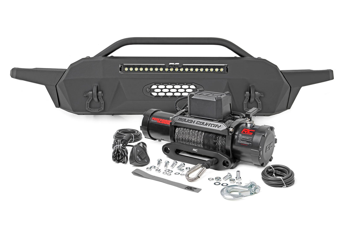 Front Bumper | High Clearance | 20" Blk DRL LED + PRO12000S Winch | Toyota Tacoma 4WD | 2016-2022 | Rough Country | 10729