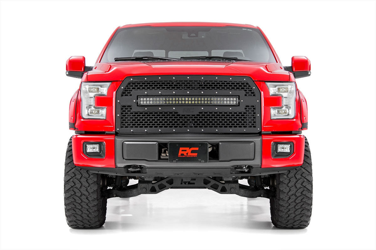 Mesh Grille | 30" Dual Row LED | Black | Amber DRL | Ford F-150 | 2015-2017 | Rough Country | 70193BDA