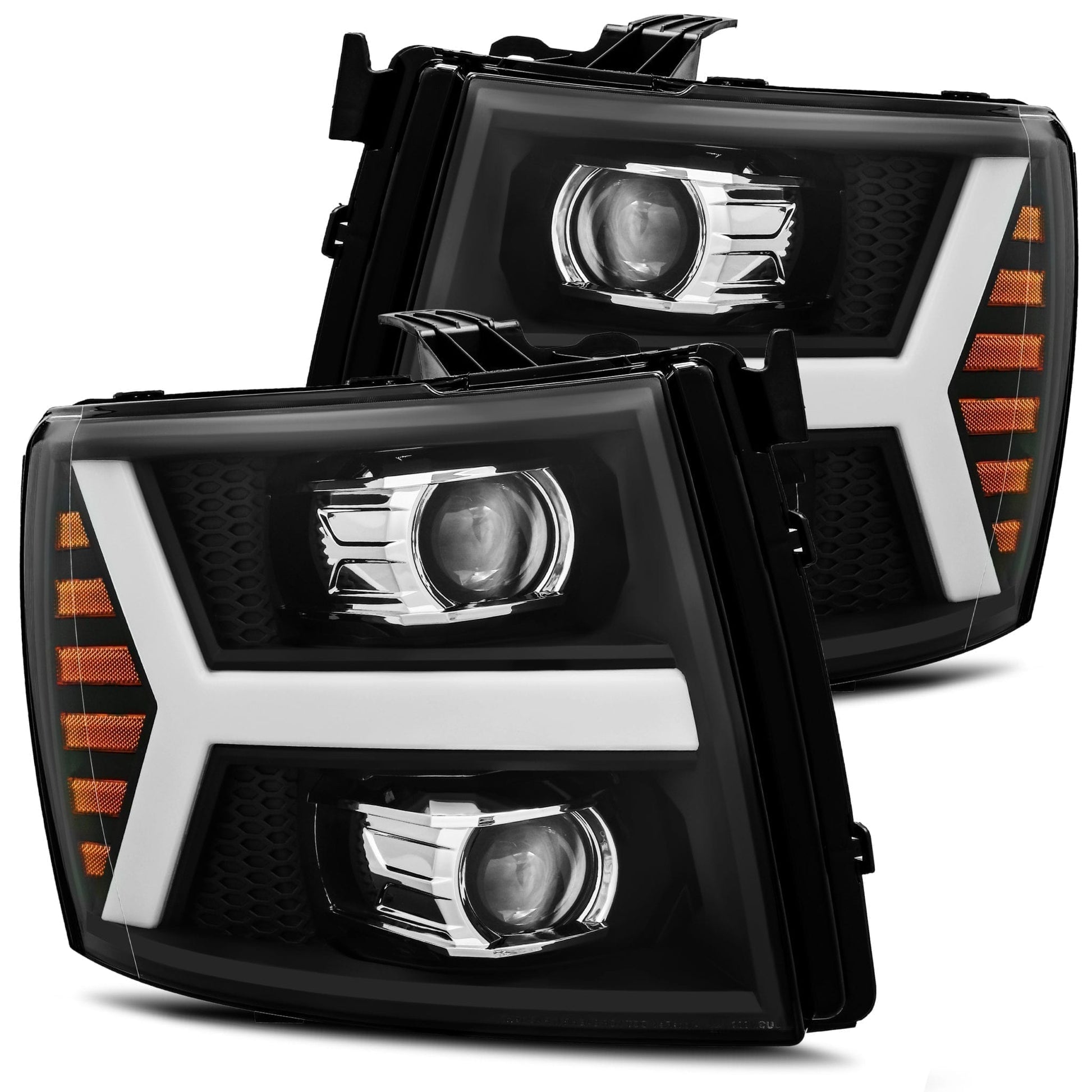 2007- 2013 Chevrolet Silverado Projector Headlights Plank Style Design Matte Black w/ Activation Sequential Signal. Alpha Rex 880205