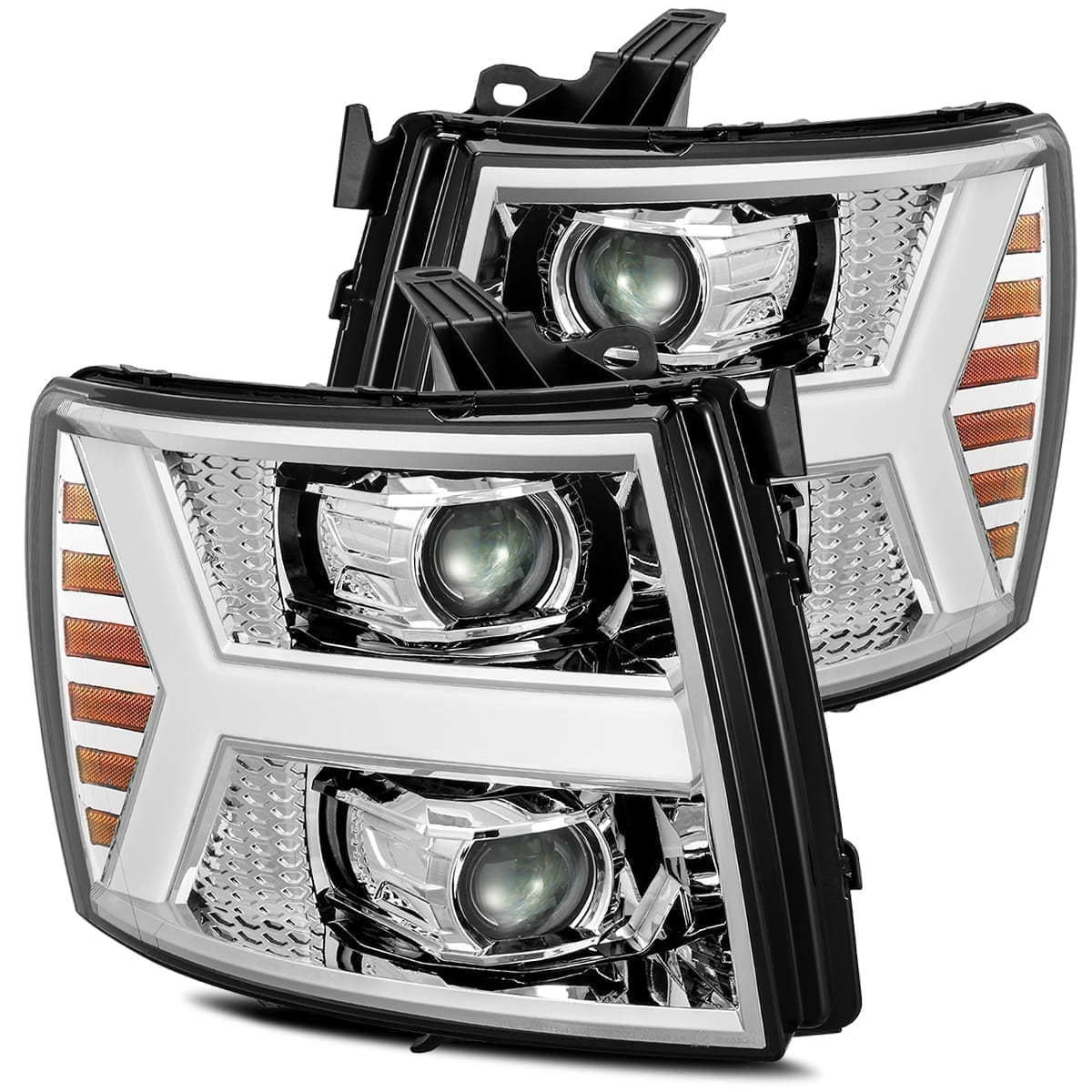 2007- 2013 Chevrolet Silverado Projector Headlights Plank Style Design Chrome w/ Activation Sequential Signal. Alpha Rex 880204