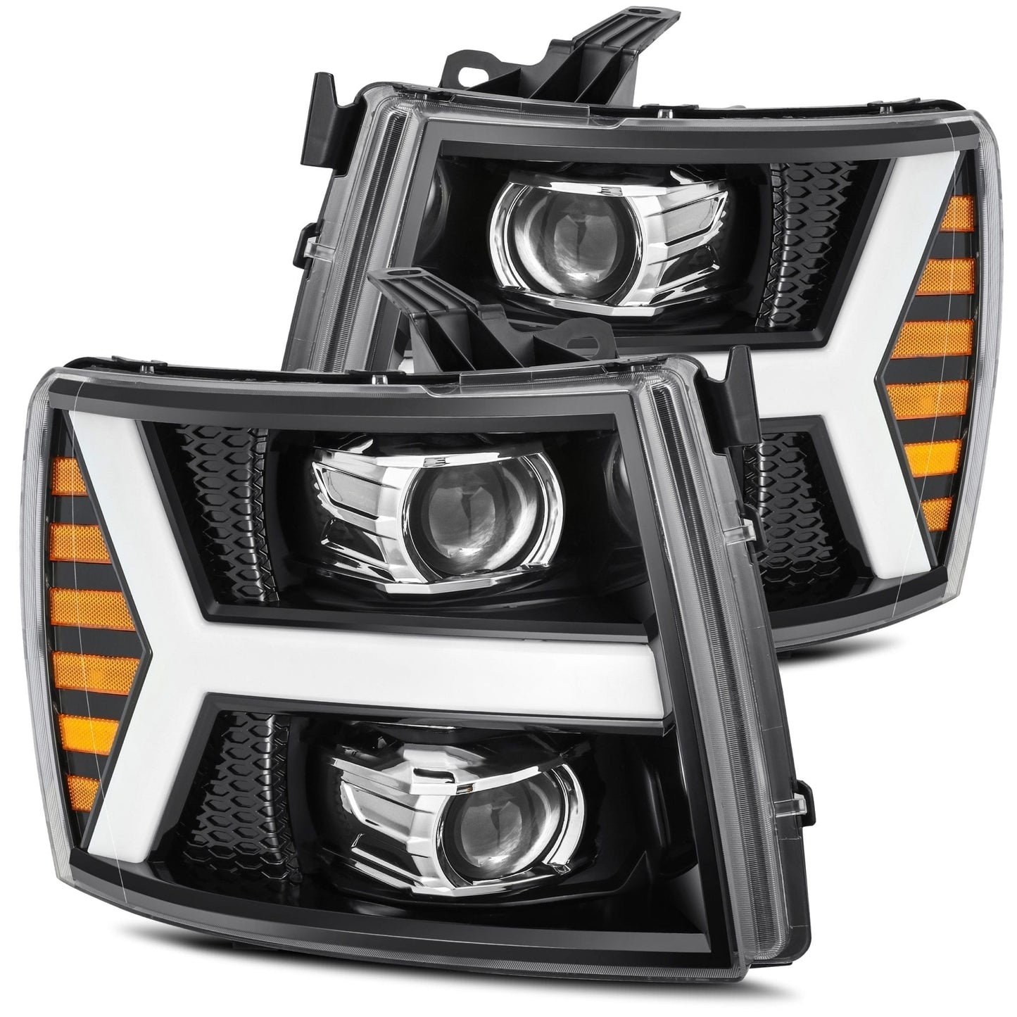 2007- 2013 Chevrolet Silverado Projector Headlights Plank Style Design Gloss Black w/ Activation Sequential Signal. Alpha Rex 880206