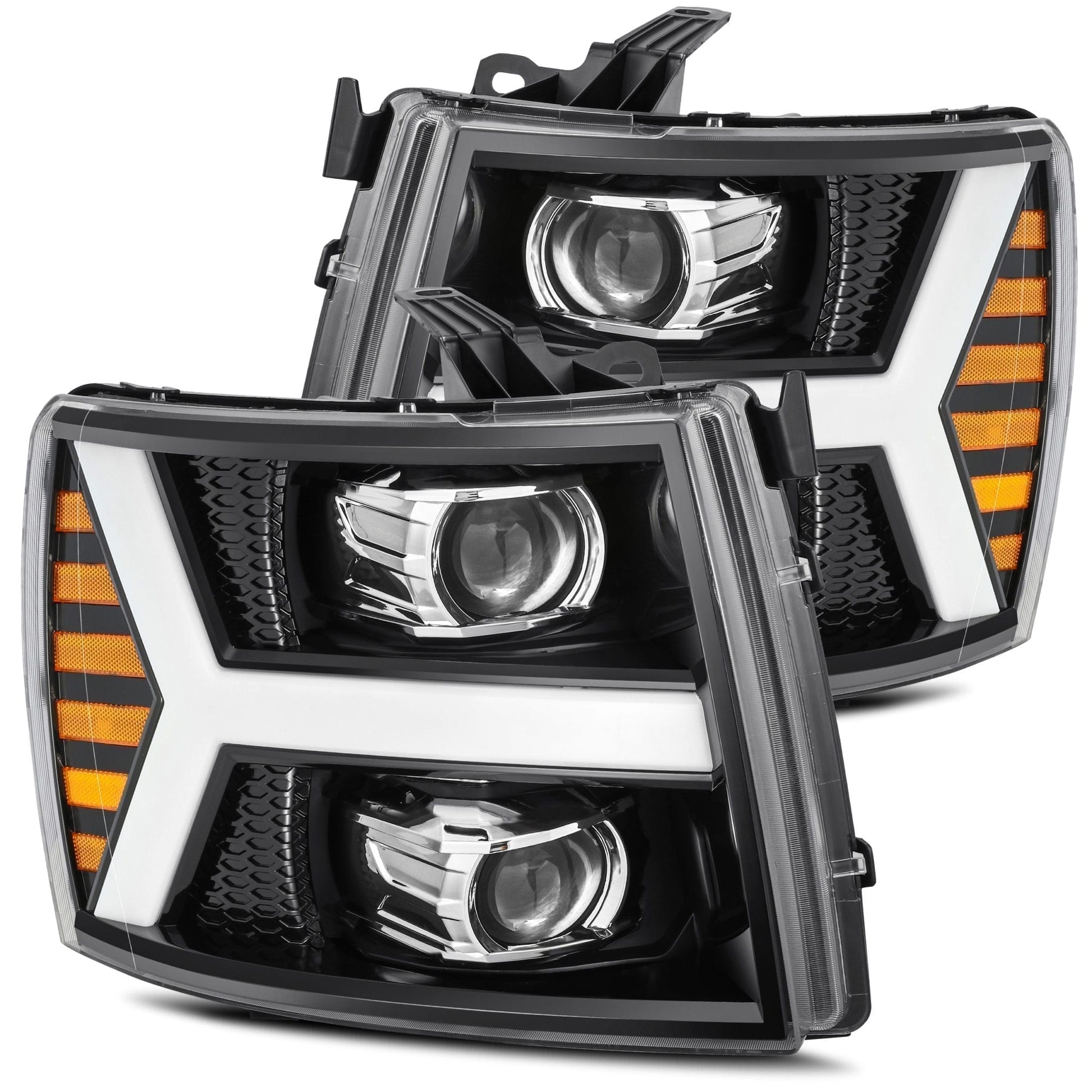 2007- 2013 Chevrolet Silverado Projector Headlights Plank Style Design Gloss Black w/ Activation Sequential Signal. Alpha Rex 880206