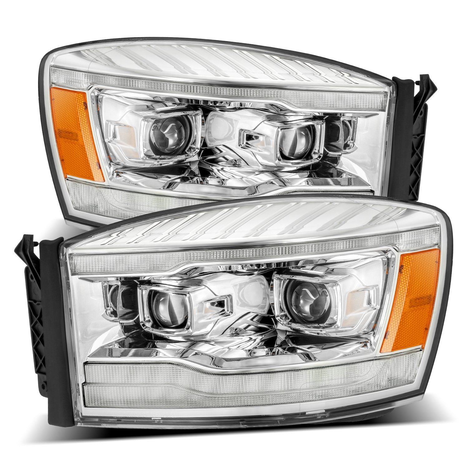 2006- 2008 Dodge Ram Projector Headlights Plank Style Design Chrome w/ Sequential Signal, Top/Bottom DRL. Alpha Rex 880531